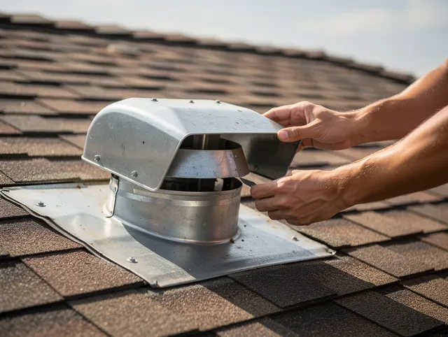 Copley Dryer Vent Cleaning certified technician safely cleaning a roof-mounted dryer vent in Copley