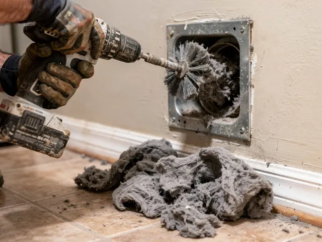 Certified Copley Dryer Vent Cleaning technician performing dryer vent cleaning in Copley