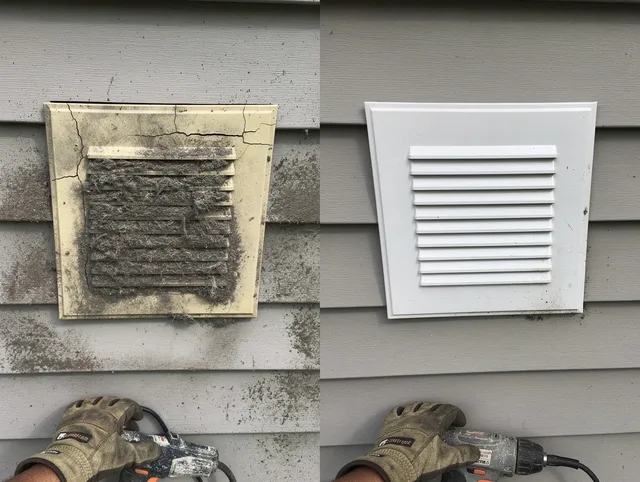 Copley Dryer Vent Cleaning technician installing high-quality dryer vent cover at a residential property in Copley