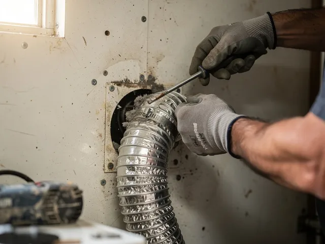 Copley Dryer Vent Cleaning technician performing precise dryer vent hose installation in Copley